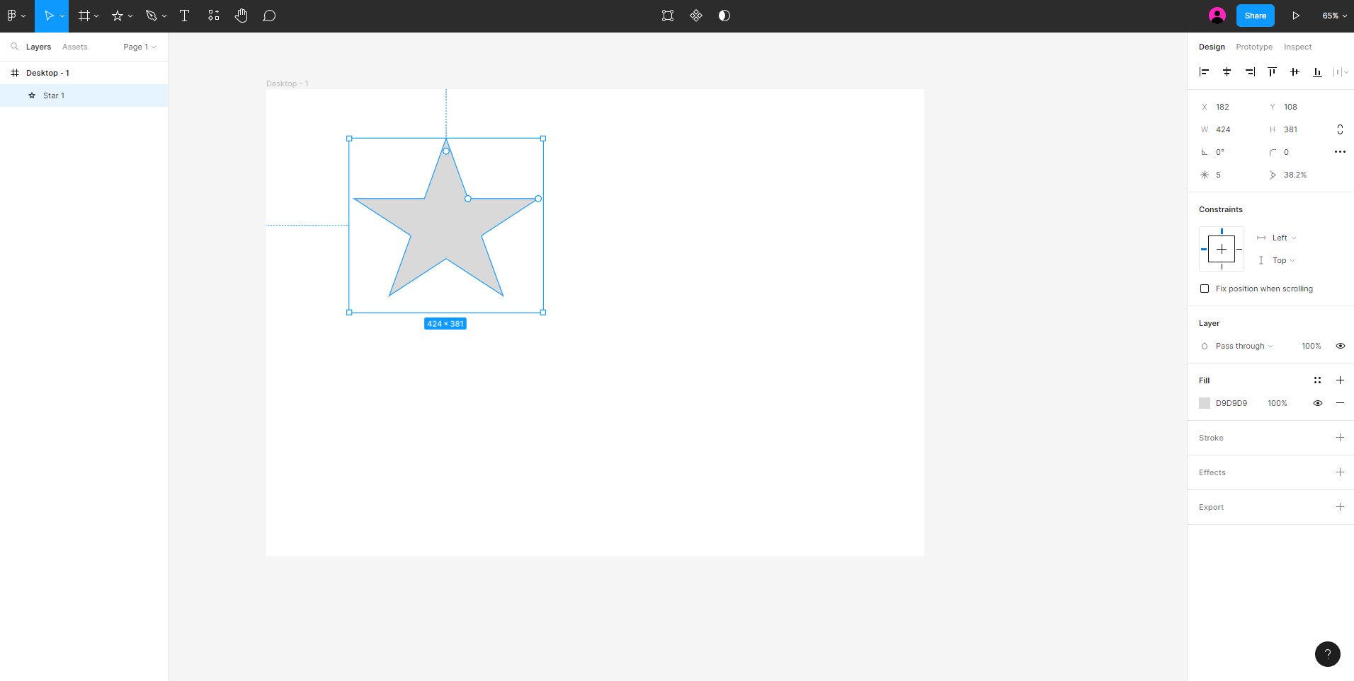 Figmaの操作画面でフレームに星の図形を配置