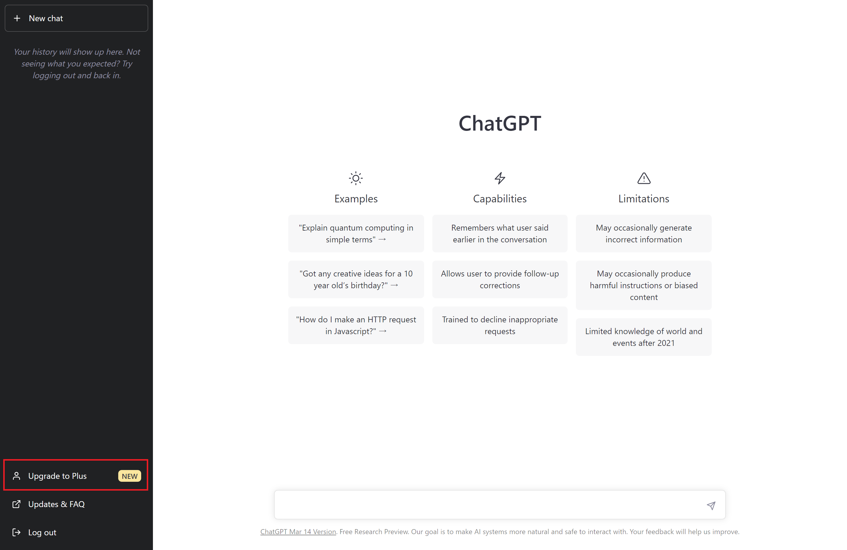ChatGPTのホーム画面、Upgrade to Plusを赤枠で囲っている