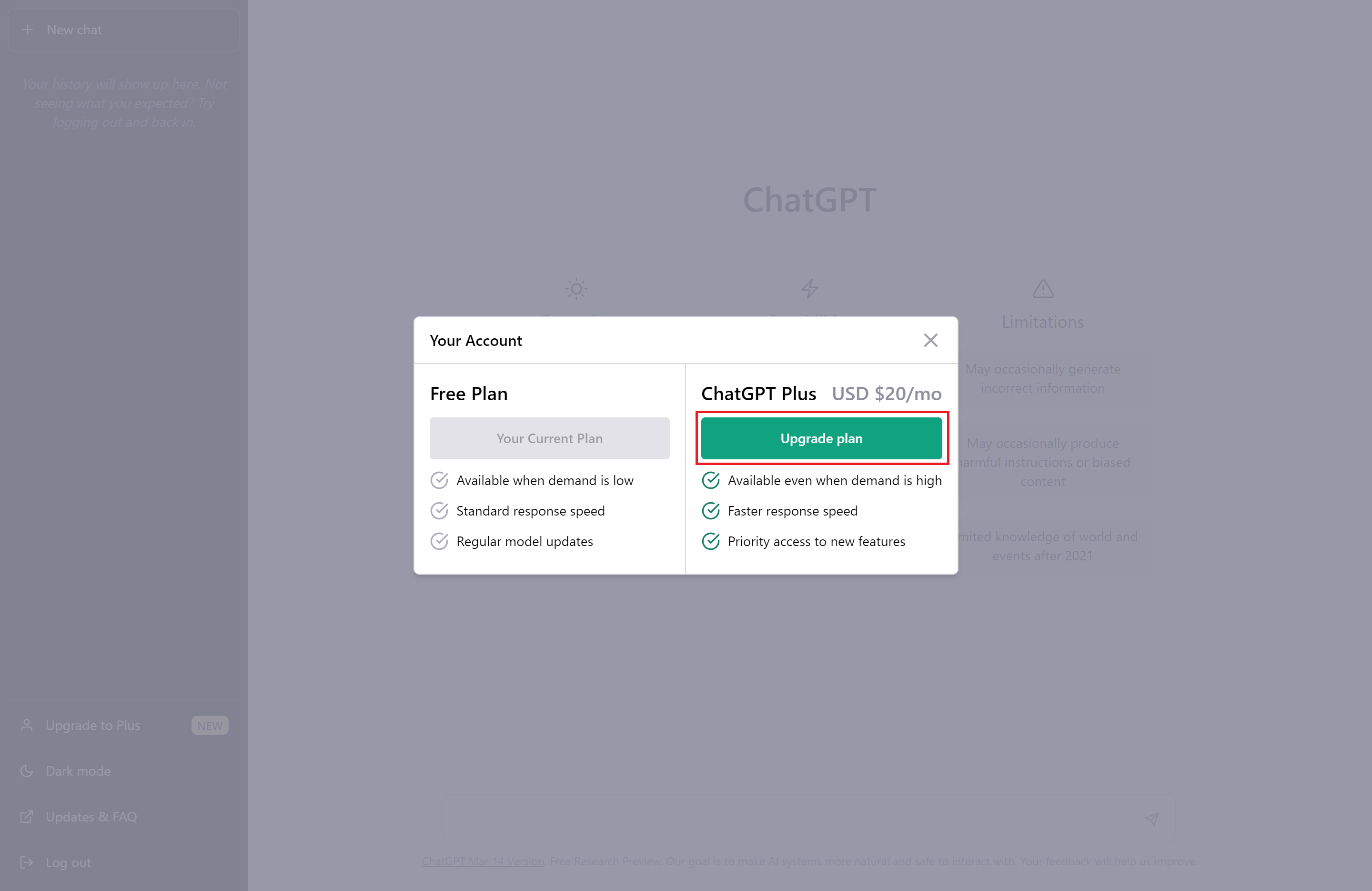 Upgrade to Plusクリック後の画面、ChatGPT Plusの機能が記載されている
