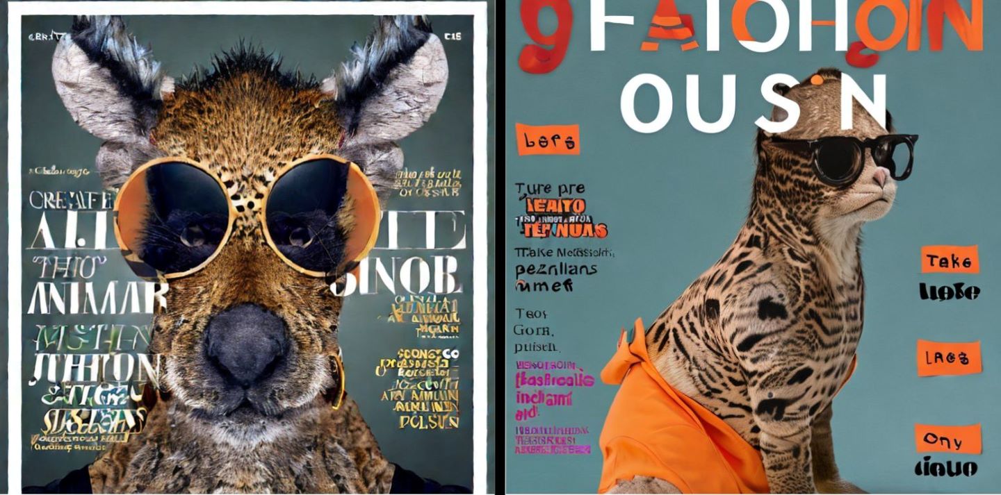 「動物が服を着ているおしゃれな雑誌」を生成させた画像。プロンプトはChatGPTが考えた