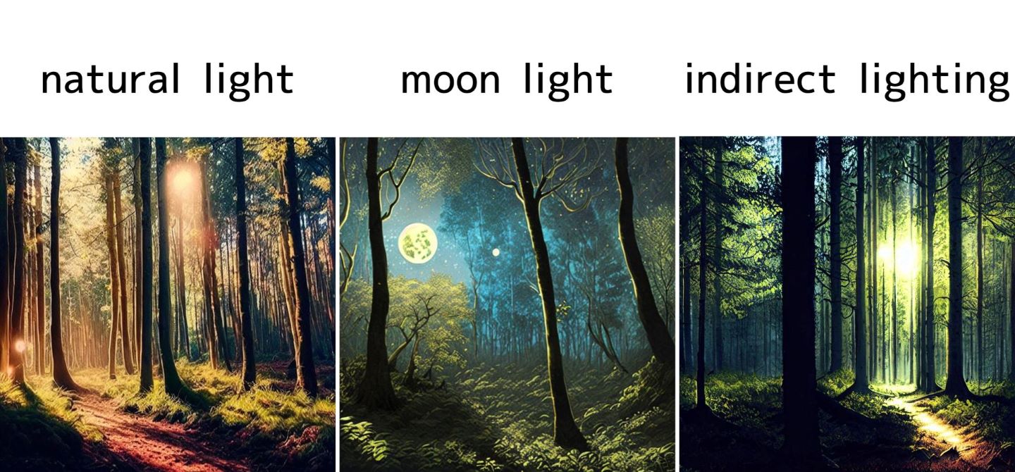 Stable Diffusionで、異なる光のプロンプトで生成した3種類の森画像