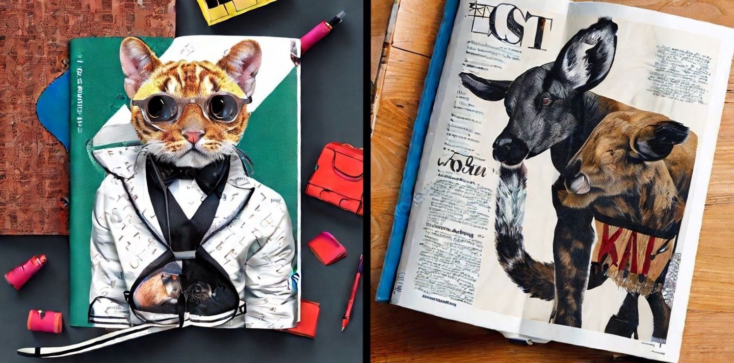 「動物が服を着ているおしゃれな雑誌」を生成させた画像。プロンプトは人間が考えた