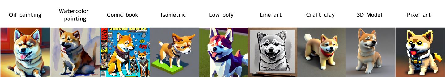 Stable Diffusionで、異なる絵柄のプロンプトで生成した9種類の柴犬の画像
