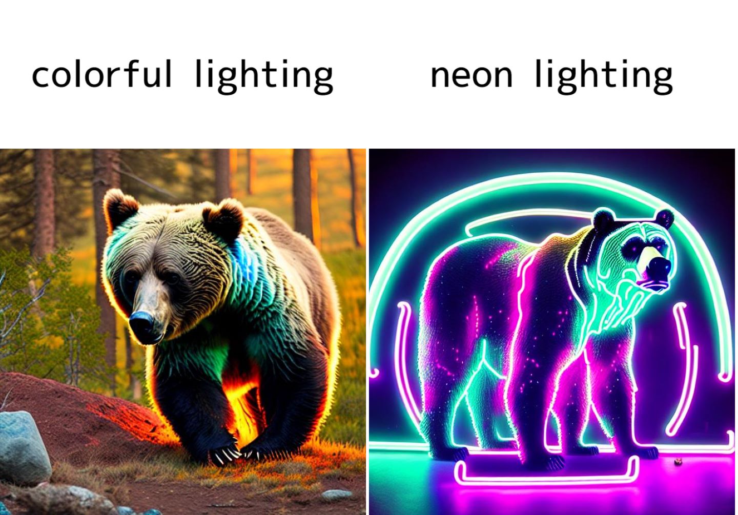 Stable Diffusionで、異なる光のプロンプトを使用して生成したクマの画像