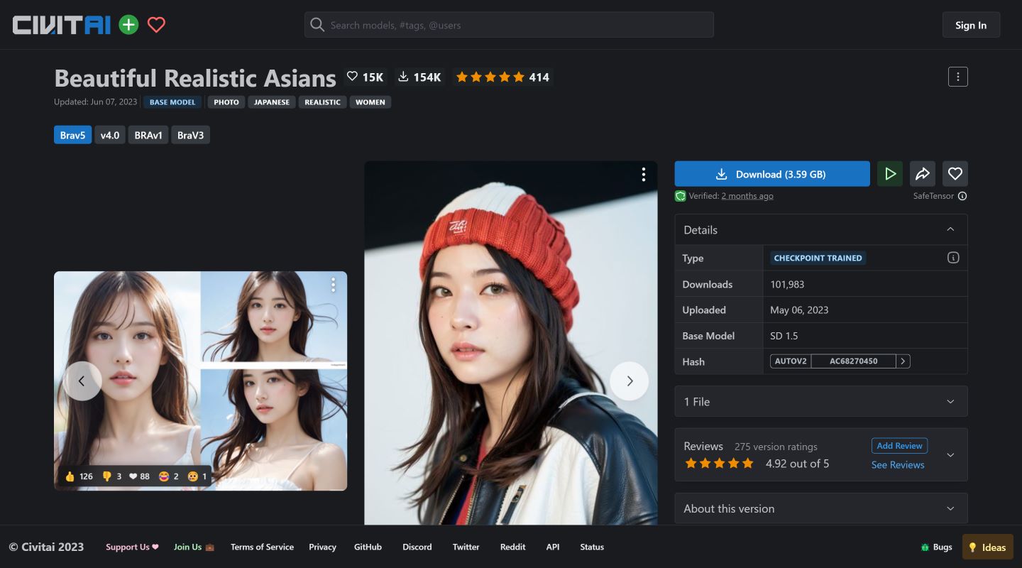 CIVITAIのモデルbeautiful-realistic-asiansのダウンロード画面